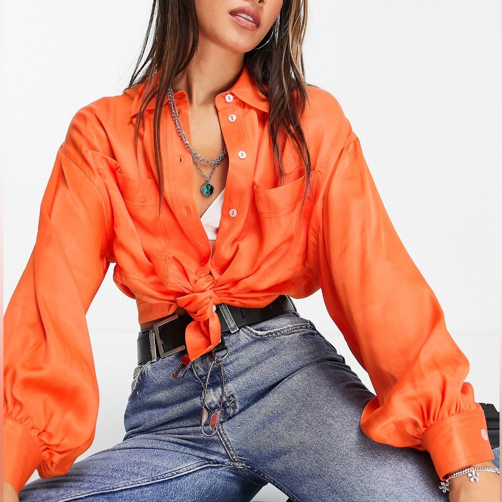 Topshop Satin Pocket Button Down Shirt